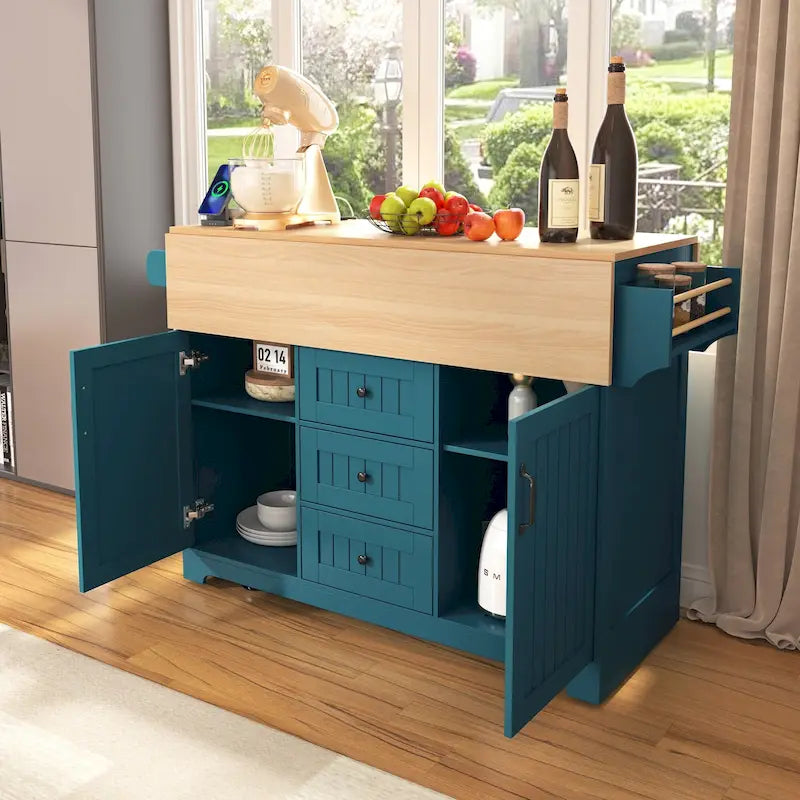55.7" Large Kitchen Island with 2 Drop Leaves and Charging Station