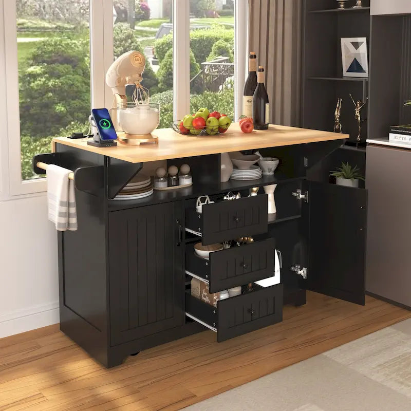 55.7" Large Kitchen Island with 2 Drop Leaves and Charging Station