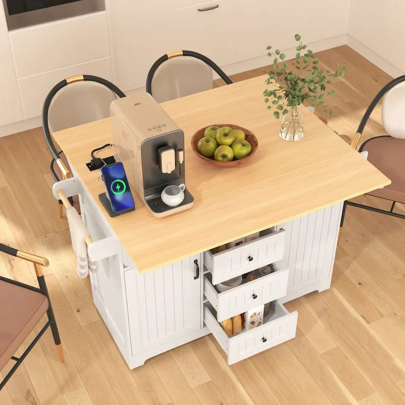 55.7" Large Kitchen Island with 2 Drop Leaves and Charging Station