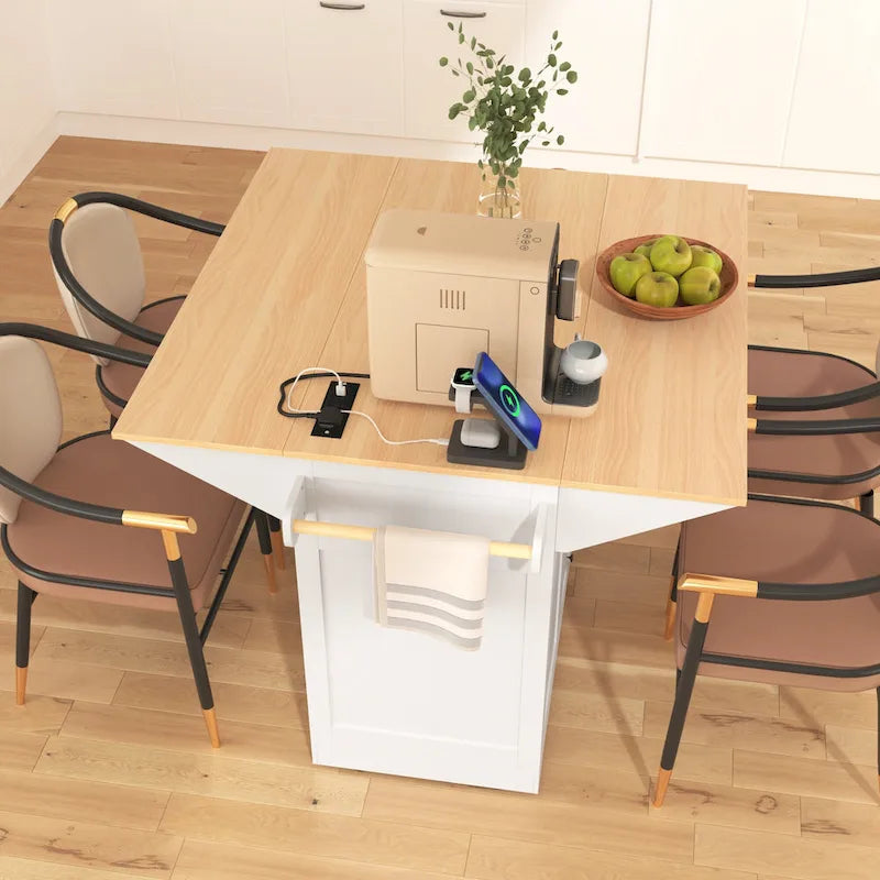 55.7" Large Kitchen Island with 2 Drop Leaves and Charging Station