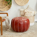 Genuine Leather Bohemian Pouf with Floral Stitching Pattern