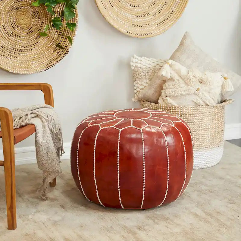 Genuine Leather Bohemian Pouf with Floral Stitching Pattern