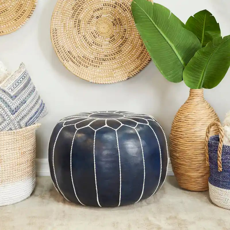 Genuine Leather Bohemian Pouf with Floral Stitching Pattern