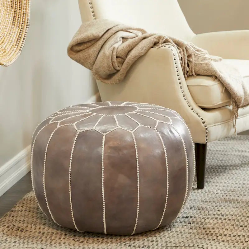 Genuine Leather Bohemian Pouf with Floral Stitching Pattern