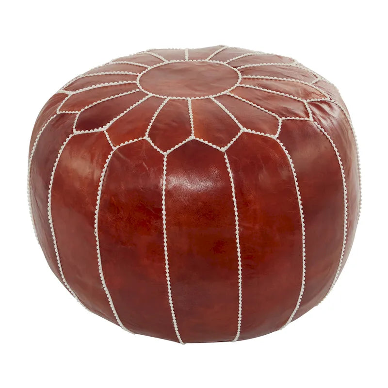Genuine Leather Bohemian Pouf with Floral Stitching Pattern