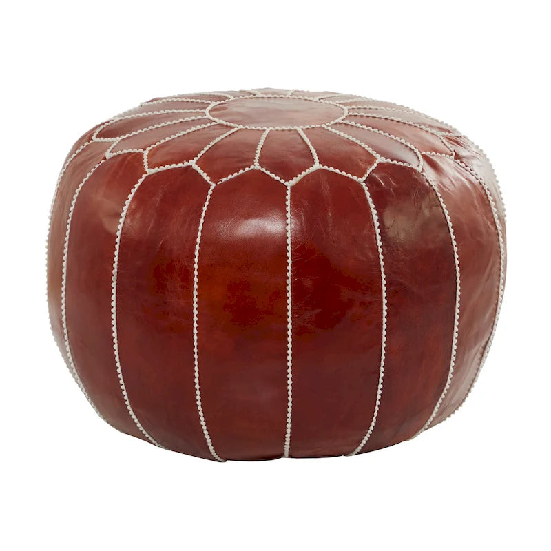 Genuine Leather Bohemian Pouf with Floral Stitching Pattern