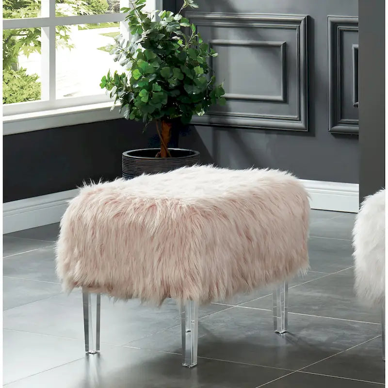 Contemporary Faux Fur Ottoman with Clear Acrylic Legs