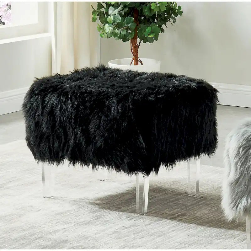 Contemporary Faux Fur Ottoman with Clear Acrylic Legs