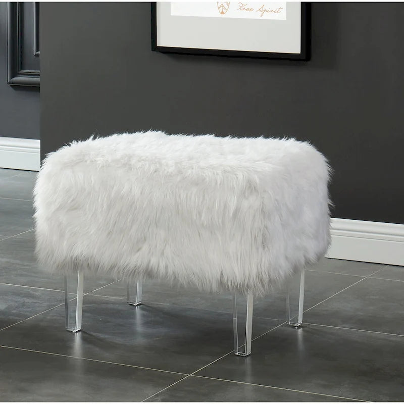 Contemporary Faux Fur Ottoman with Clear Acrylic Legs