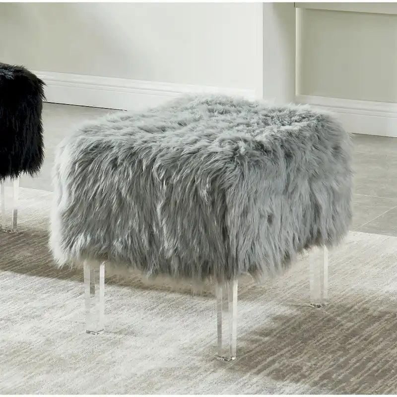 Contemporary Faux Fur Ottoman with Clear Acrylic Legs