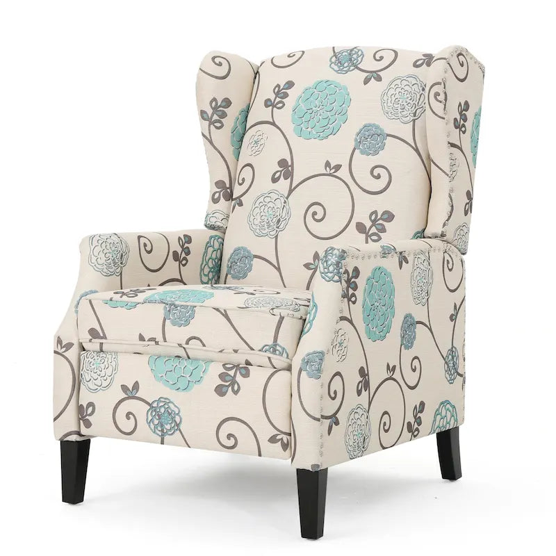 Wingback Pushback Recliner with Floral Upholstery and Nailhead Trim