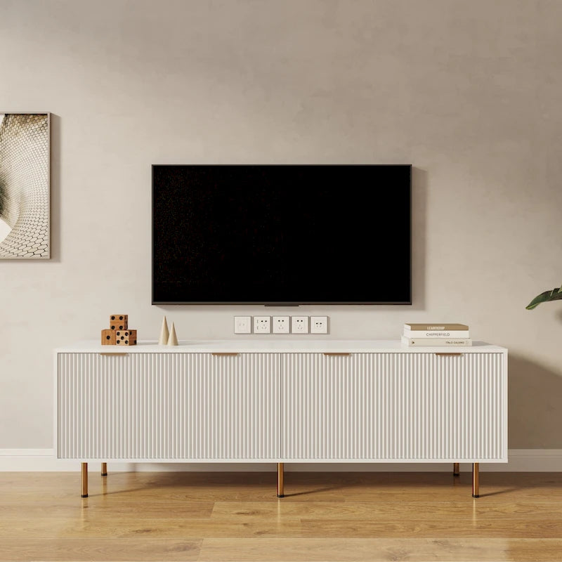 Modern Warm White TV Stand with 4 Drawers for 80-Inch TVs