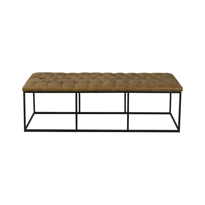 Light Brown Button-Tufted Faux Leather Ottoman with Metal Base