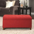Button-Tufted Cranberry Linen Storage Bench with Wood Legs