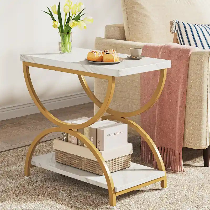23-Inch Rectangular End Side Accent Table with 2-Tier and Stylish Metal Frame for Bedroom Nightstand Bedside Table Sofa Side