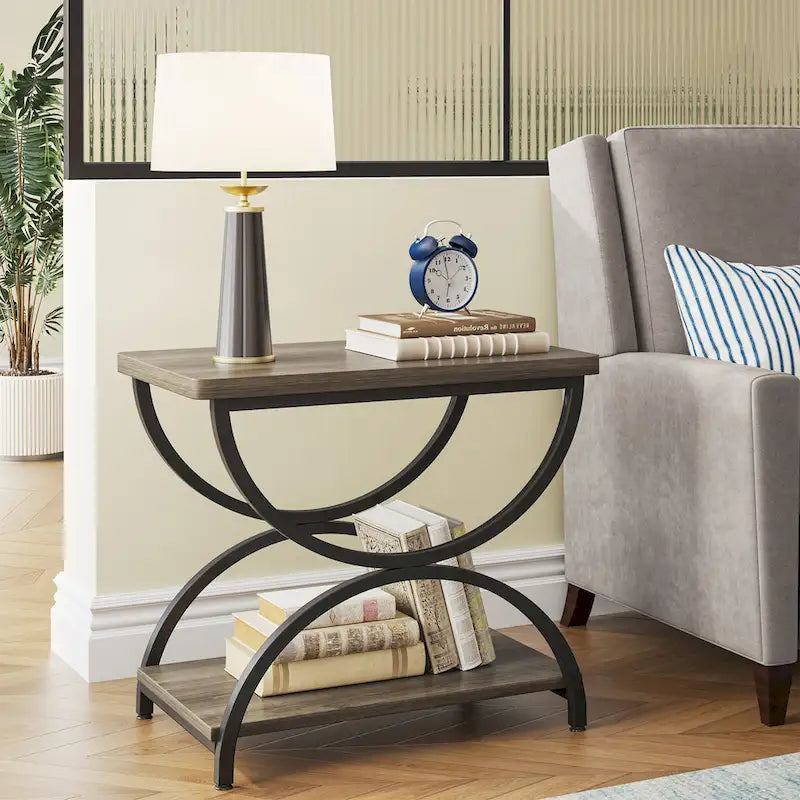 23-Inch Rectangular End Side Accent Table with 2-Tier and Stylish Metal Frame for Bedroom Nightstand Bedside Table Sofa Side