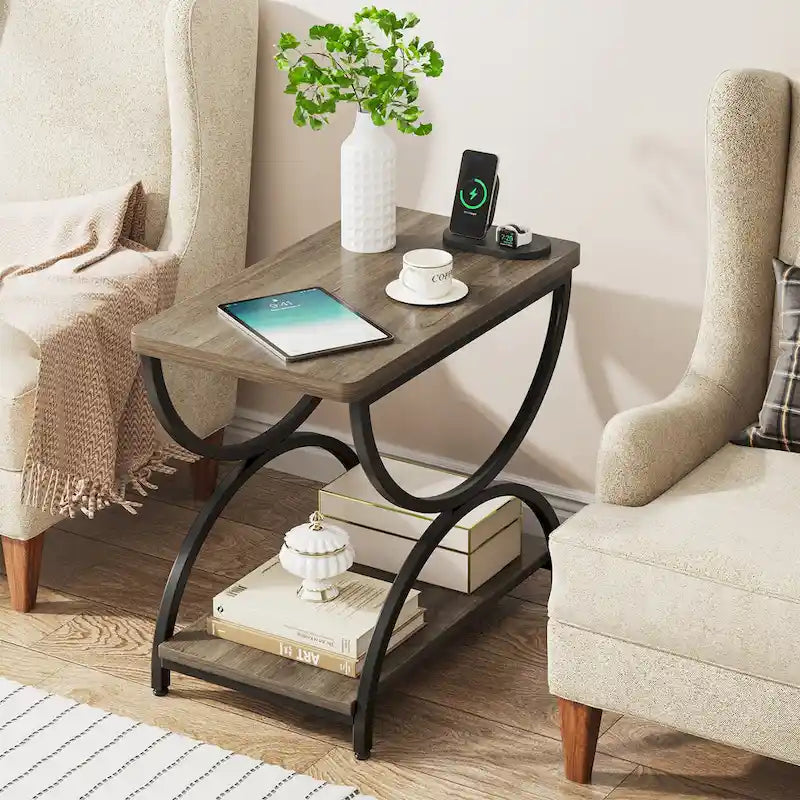 23-Inch Rectangular End Side Accent Table with 2-Tier and Stylish Metal Frame for Bedroom Nightstand Bedside Table Sofa Side